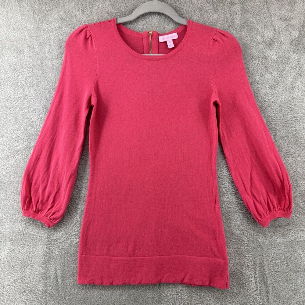 Lilly Pulitzer Sweater XS Fuchsia Knit Silk Pullover Ballon Sleeve Crew Neck Zip